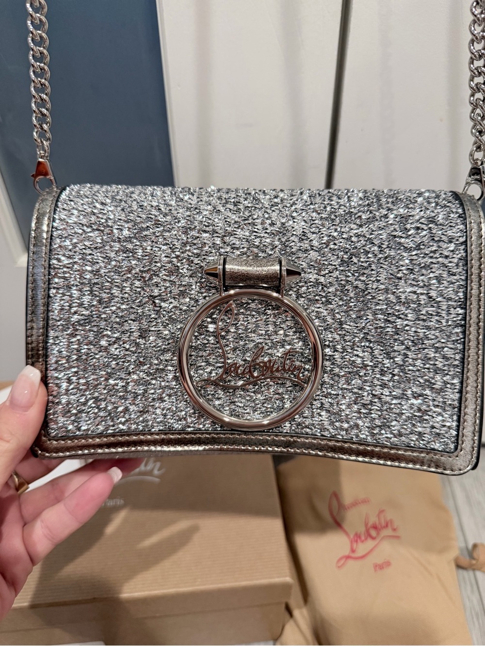 Christian Louboutin Silver Glitter Chain Crossbody Bag